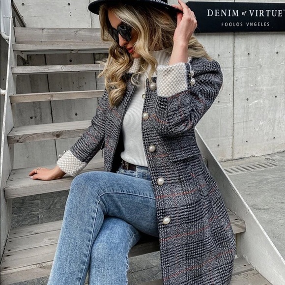 Tweed plaid trench peacoat houndstooth vintage tan - Picture 11 of 14